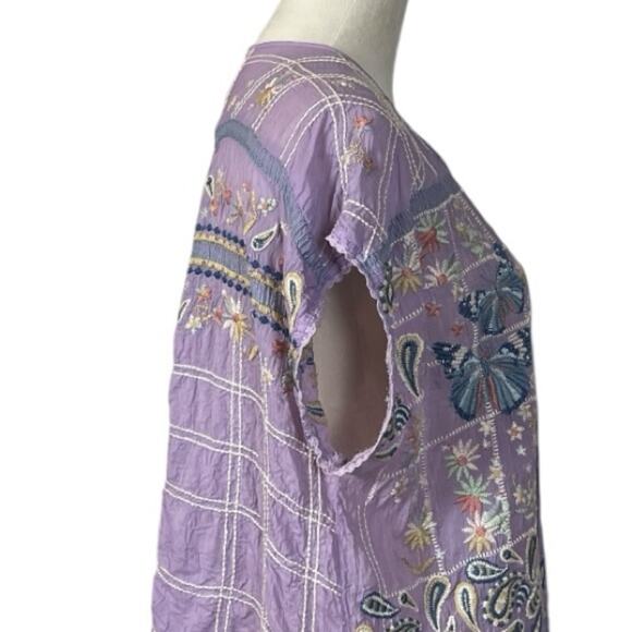Johnny Was Top Tie Neck Butterly Floral Embroidered Purple Women’s Size Large - Picture 9 of 13